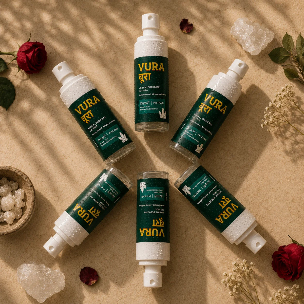 Six bottles of Vura Mineral Underarm Spray arranged with roses and raw Phitkari alum crystals