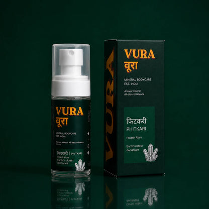 Vura Mineral Underarm Spray 100ml bottle beside its Phitkari packaging box