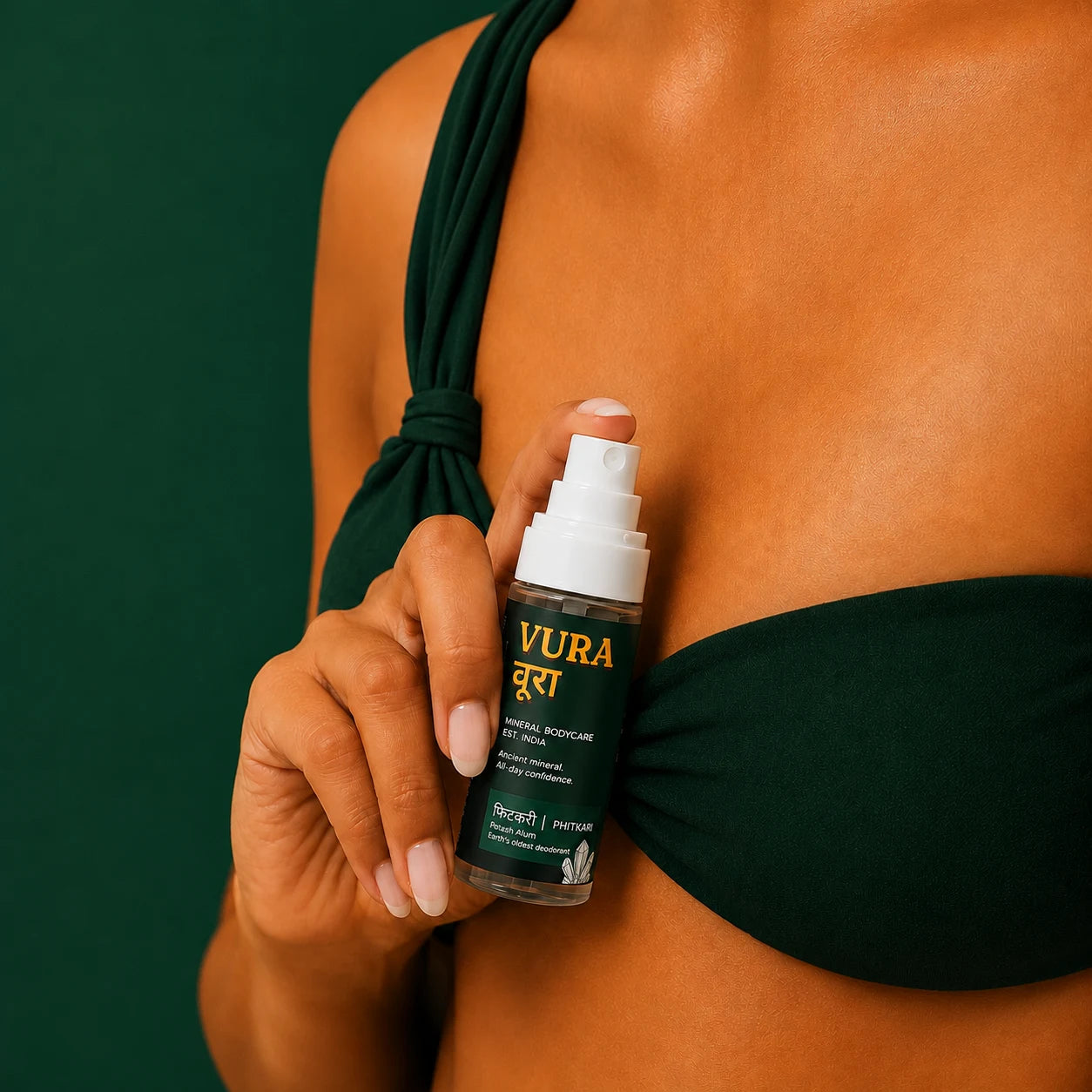 Vura Mineral Underarm Spray held in hand against a deep green background