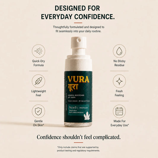 Vura underarm spray with icons for quick-dry formula, lightweight feel, gentle on skin and no sticky residue