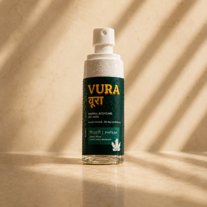 Single 100ml bottle of Vura Mineral Underarm Spray in warm sunlight