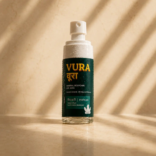 Single 100ml bottle of Vura Mineral Underarm Spray in warm sunlight